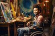 Portrait of disabled male artist on wheelchair on the background of art studio