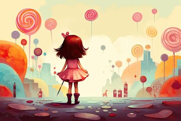 Wall Mural - child walk in candy fantasy world illustration