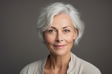 Wall Mural - a clean studio portrait of a gorgeous middle-aged caucasian woman with blond silver hair in white blouse looking into the camera smiling, grey background