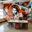 a woman's face is painted on the wall in an office with orange and black furniture, white tables and chairs