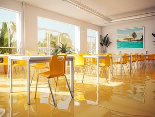 Poster - a dining area with yellow chairs and white tables in the middle of the room, there is a painting on the wall