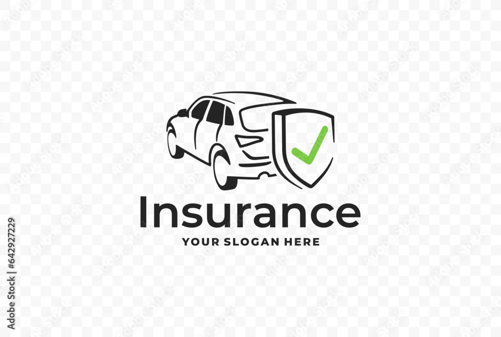 Car insurance and safety assurance logo design. Car with shield and check mark vector design