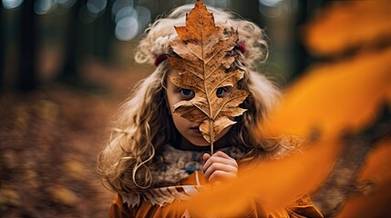 Wall Mural - a little girl wearing a leaf headpiece in the woods with autumn leaves surrounding her and looking at the camera