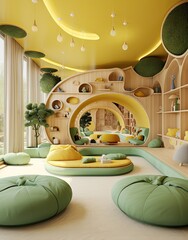 Poster - a living room with lots of green furniture and yellow accents on the walls, along with round bean seatings