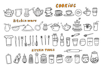 Wall Mural - Big cute set of kitchen tools, kitchenware, kitchen equipments in doodle style.  Cooking. Vector illustration for restaurant menu, recipe book, and wallpaper.