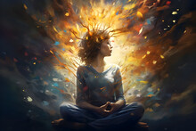 A Person In A Meditative State, Surrounded By A Swirling Aura Of Abstract Thoughts And Reflections, Each Leaf Of The Tree Representing A Moment Of Mindful Clarity