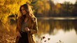 Model by a serene lake during autumn, showcasing fall fashion with rich, warm colors