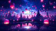 Floating neon lanterns rising to an ethereal skyline.