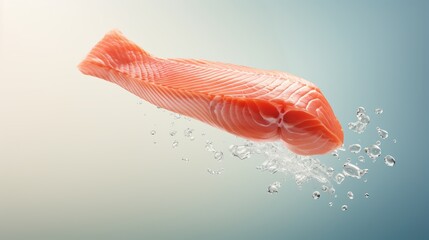 Advertisement studio banner with a raw slice of salmon fish flying in the air with water splashes on pastel plain gradient background. Food ingredient levitation