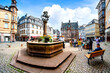 Market place wit fountain in the old town of Marburg an der Lahn in Hesse, Germany