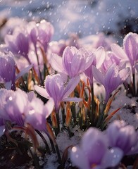 Wall Mural - purple crocs in the snow, with water droplets on them and drops falling from the top to the bottom