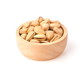 Wall Mural - istachio nuts snack in wood bowl isolated on white background