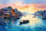 Fototapeta Most - Lifestyle of local vietnamese living in a boat at Can Tho in beautiful morning sunrise, most famous and biggest floating market in Mekong Delta, Vietnam- oil painting. (ai generated)