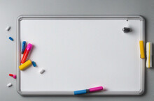 Empty whiteboard with marker, sponge-eraser and magnets