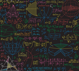 Wall Mural - math vector seamless pattern with handwritten multicolored plots, equations, formulas. endless scien