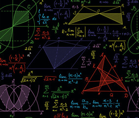 Wall Mural - math vector seamless background with multicolored handwritten figures, formulas and calculations