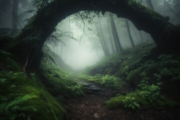 Wall Mural - Mystery forest arch fog. Generate Ai