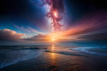 Sunset Over The Sea, A Flower Made Of Galaxies Of Stars Under The Water, Each Petal A Swirling Nebula Of Colors And Lights.