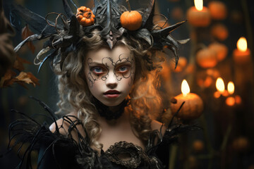 Halloween girl dressed like a witch on candles backround