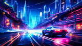 Fototapeta Perspektywa 3d - Neon Smart Car Trails Cityscape