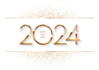 Wall Mural - Glowing shiny golden new 2024 year numbers with glitter on white background. Festive winter holiday merry Christmas decoration. Vector 2024 New Year illustration