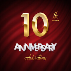 10 golden numbers, Anniversary white paper text and Celebrating word made of golden ribbons on red curtain background. Vector ten anniversary celebration event square template