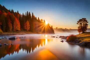 Wall Mural - sunrise over the river