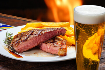 Canvas Print - Grilled steak, french fries and beer