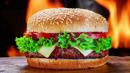 Wall Mural - Burger with grilled meat, tomato, onion, lettuce, bacon and french fries