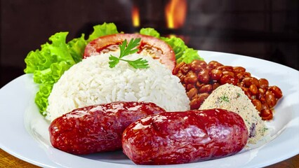 Wall Mural - Plate with sausage, rice, beans, salad and farofa