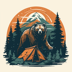 Wall Mural - vintage retro big bear and camping tent in pine forest logo badge vector illustration