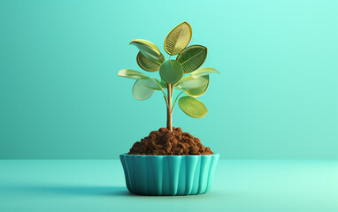 Wall Mural - Plant in a pot on a solid blue background