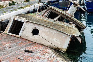 Wall Mural - Old wooden fishing boat in Sciacca, Sicily, Italy