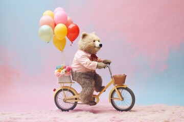 Full-length  portrait of a cute bear riding a bicycle 