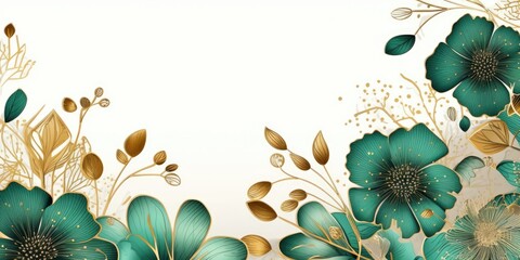 Beautiful abstract gold and green simple doodle cartoon floral design background. beautiful Generative AI AIG32