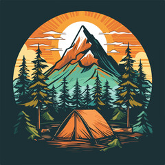 Wall Mural - vintage retro big bear and camping tent in pine forest mountain logo badge vector illustration