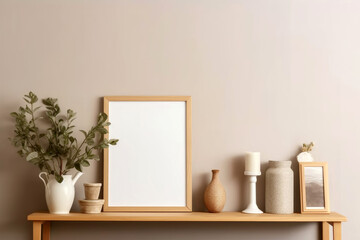 Wall Mural - Blank vertical wooden photo frame mockup. Minimalist Scandinavian boho interior. White wall background. Empty copy space. plant