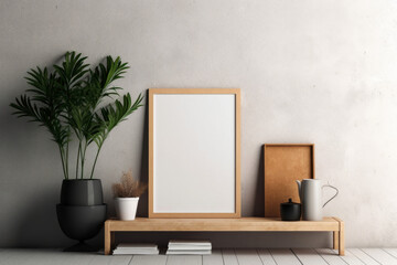 Wall Mural - Blank vertical wooden photo frame mockup. Minimalist Scandinavian boho interior. White wall background. Empty copy space. plant