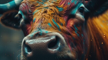 Wall Mural - Portrait face of an bull with colorful paint. Generative AI