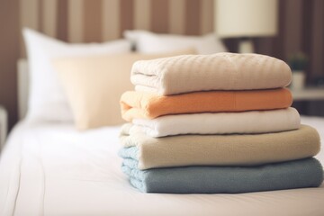 Sticker - Stack of neatly folded towels placed on the bed