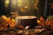 Stump in the forest with colorful foliage and falling leaves Mockup podium for product presentation in a beautiful autumn landscape