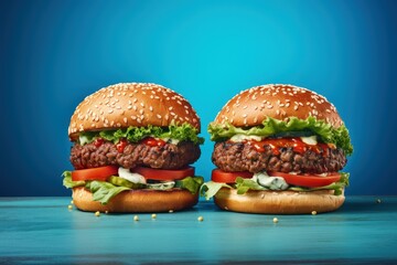 Poster - Two beef burgers on wooden table blue background