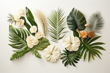 A Creative Composition Featuring Palm Tropical Leaves And Flowers Arranged In A Flat Lay Design, Embodying The Simplistic Beauty Of Nature.