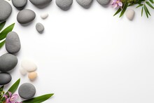 A Flat Arrangement Featuring Spa Stones On A White Background, Designed With An Open Area For Adding Text.