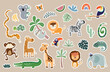 Jungle stickers collection with cute elements, animals and vegetation, vector design