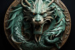 Carved green wooden dragon amulet on dark background