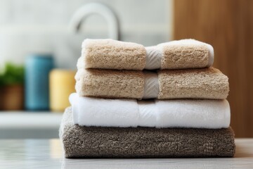Wall Mural - A pile of new towels is arranged neatly on a table inside the bathroom with empty space nearby for adding any desired text