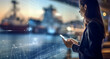 © Surachetsh - Double Exposure businesswoman planning logistic on smart phone. Businesswoman planning about shipping on tablet in front of cargo port. Generative AI.