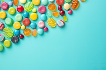 Sticker - Assorted vibrant candies arranged neatly on a soft pastel turquoise surface. The candies are displayed in a flat layout, as seen from a top perspective.