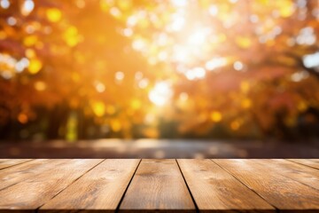 Poster - Autumn maple trees bokeh background with shiny sunlight empty brown wooden table for display